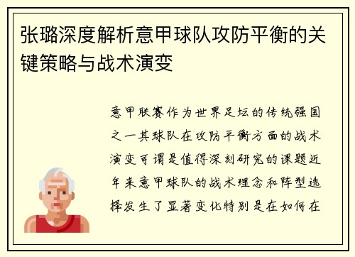 张璐深度解析意甲球队攻防平衡的关键策略与战术演变